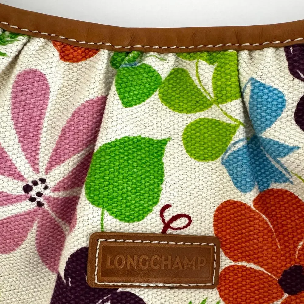 Longchamp Floral Canvas Leather Trim Shoulder Bag Baguette Made in France